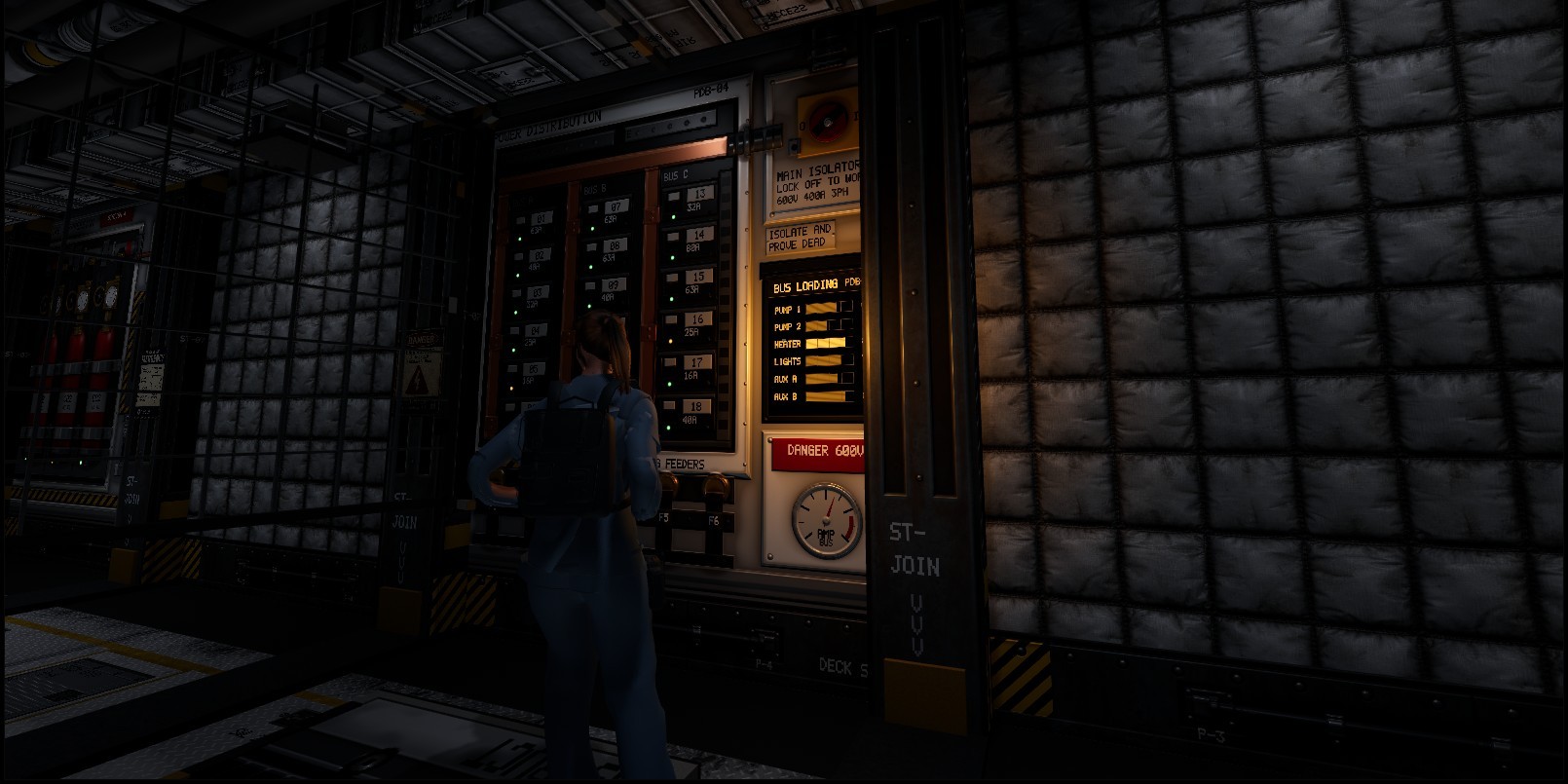 In-game view: a salvage contractor works a ship&rsquo;s power distribution board, breakers and bus-loading gauges lit in the dark