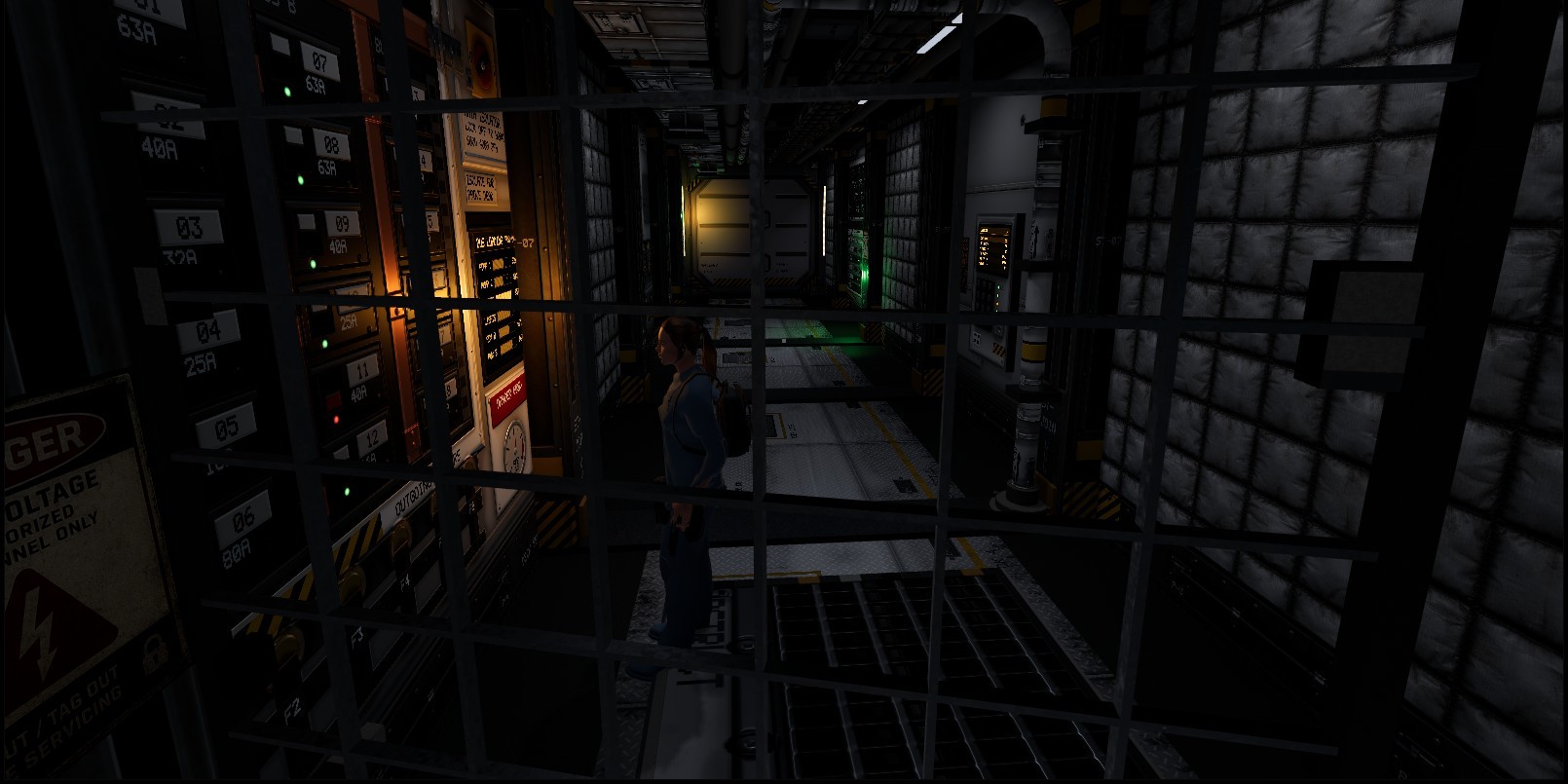 In-game view: looking down through a caged service walkway into a station corridor, breaker panels and warning signage in the foreground