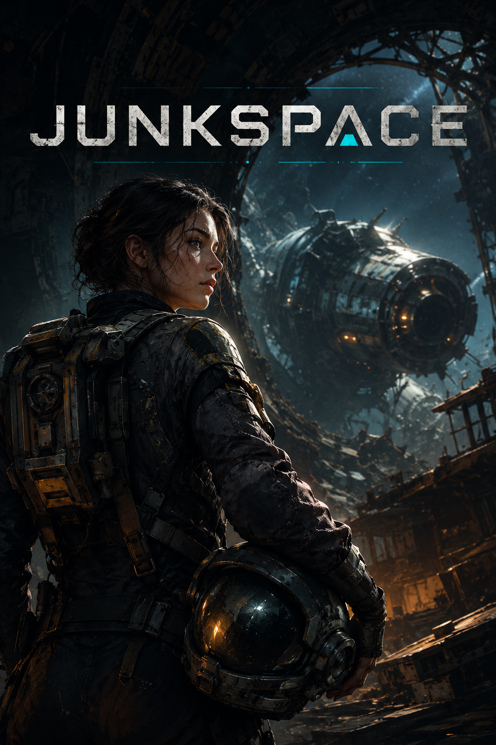 JUNKSPACE key art — a figure in worn space gear stands before a massive derelict station, helmet in hand