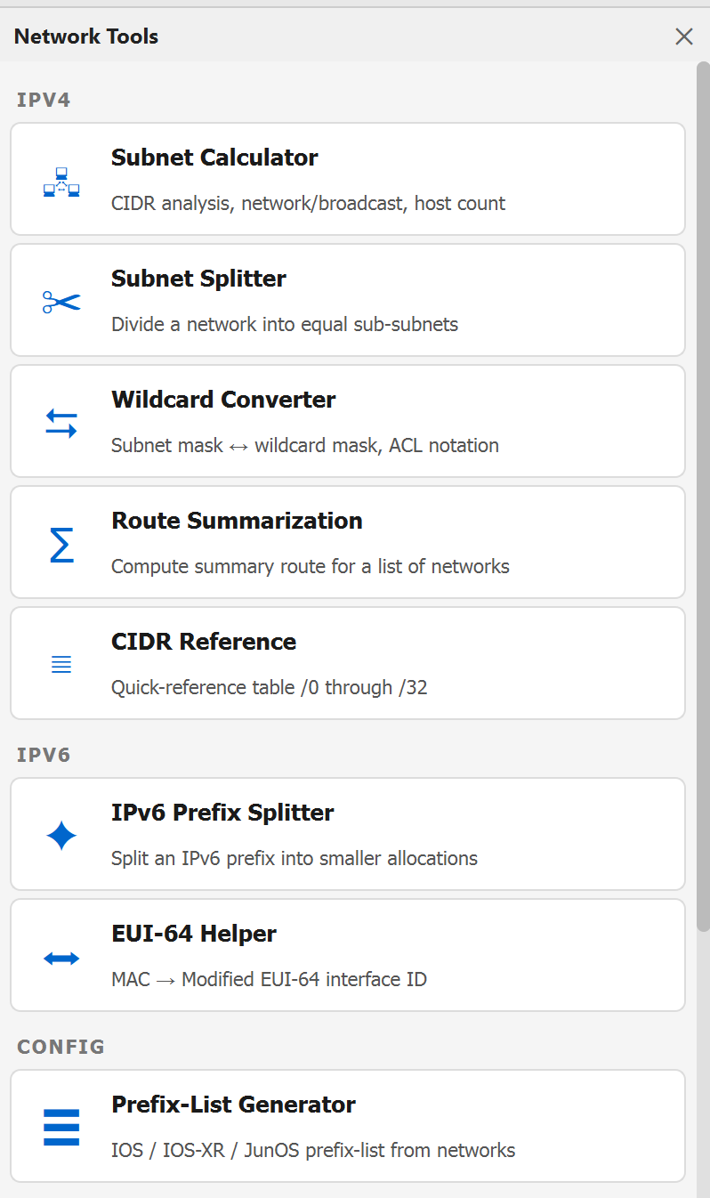 RockTerm Network Tools — Subnet Calculator, Subnet Splitter, Wildcard Converter, Route Summarization, CIDR Reference, IPv6 tools