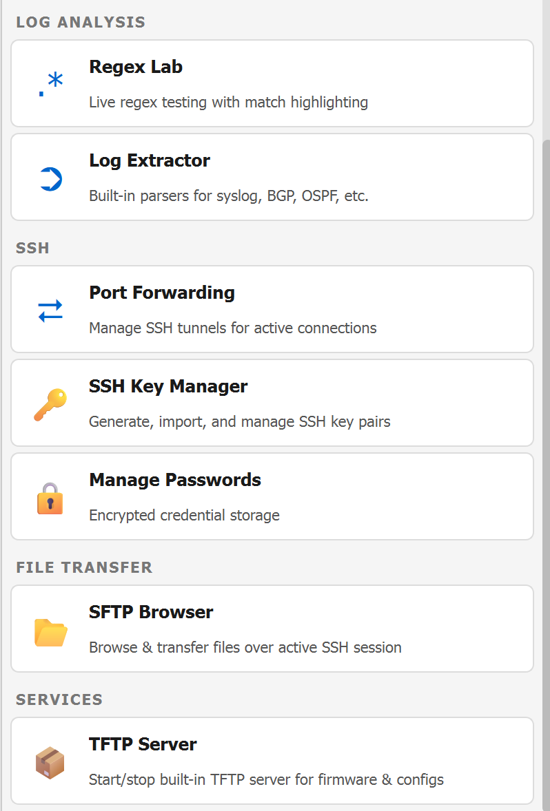 RockTerm Network Tools — Regex Lab, Log Extractor, Port Forwarding, SSH Key Manager, SFTP Browser, TFTP Server