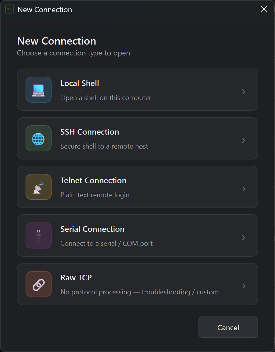 RockTerm New Connection dialog — Local Shell, SSH, Telnet, Serial, and Raw TCP