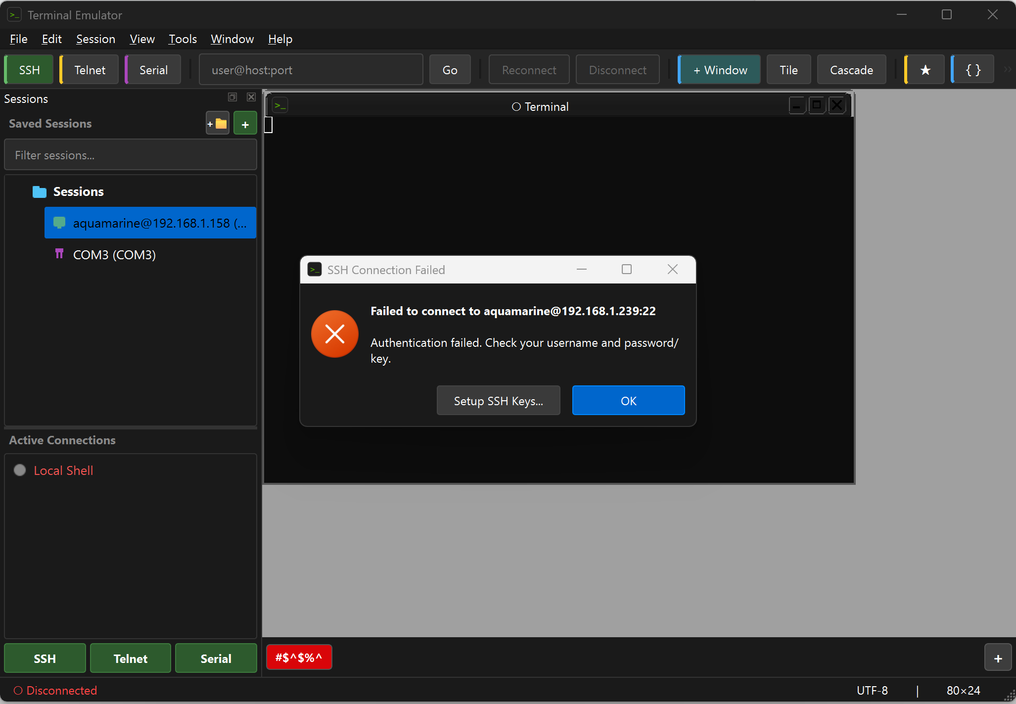 RockTerm SSH authentication failure dialog