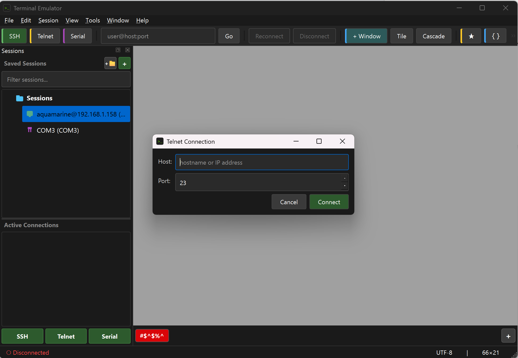 RockTerm Telnet connection dialog