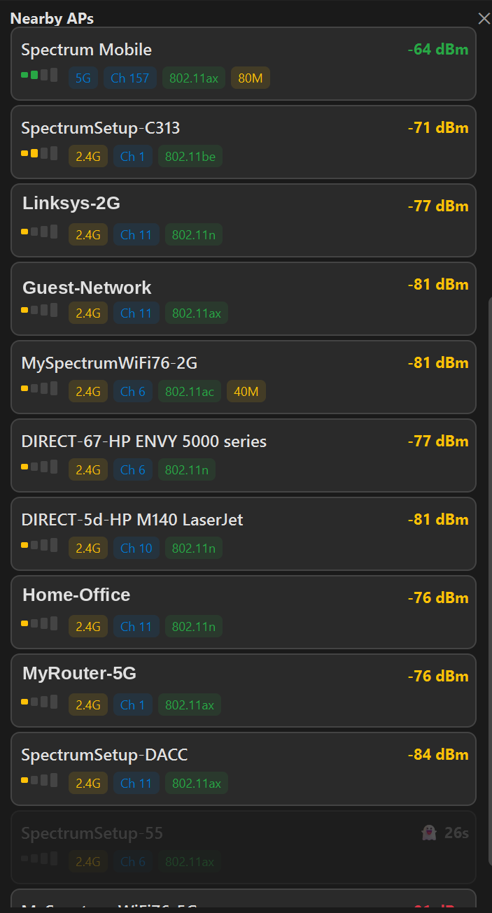 RockWiFi — nearby access point scanner with signal strength, band, and channel details